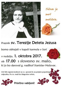 vabilo na sv. ma&scaron;o ob prazniku sv. Terezije Deteta Jezusa